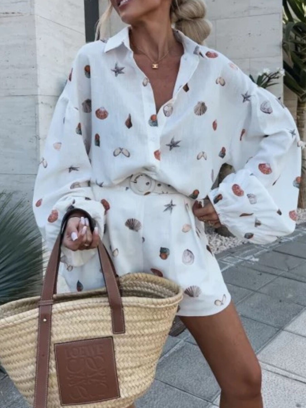 White Seashell Print Button-Up Shirt & Shorts Set